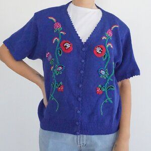 Vintage Diversity Blue Floral Embroidered Cottage Garden Knit Cardigan L